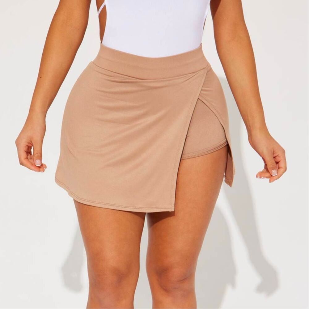 New‎ Small Fashion Nova Asymmetrical Skort Tan Skirt with Shorts Stretchy Wrap